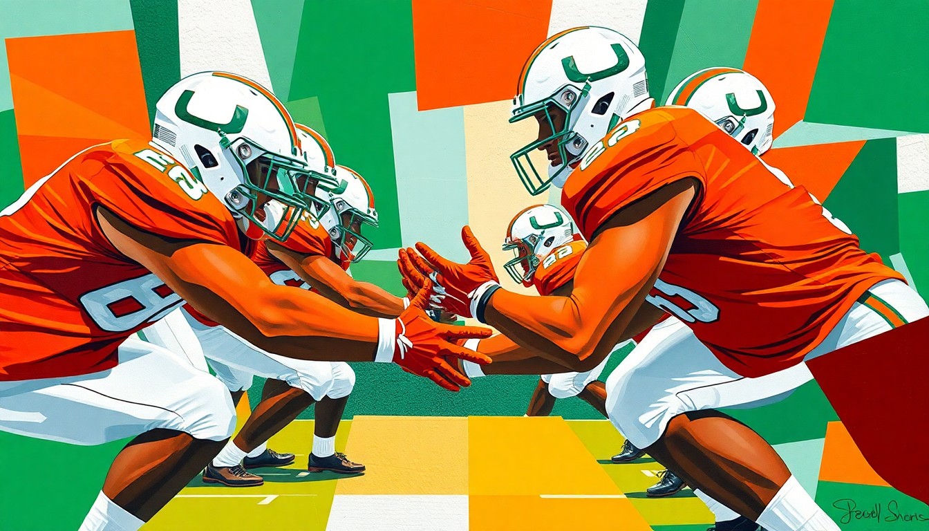 A fragmented, geometric painting depicting an offensive lineman's blocking form, with sharp planes of color representing the Miami Hurricanes' uniform palette.