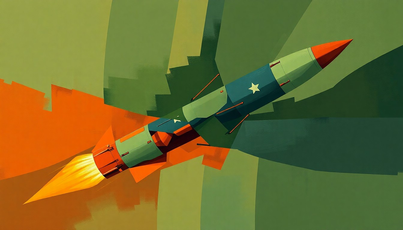 A conceptual, abstract painting featuring overlapping, fragmented geometric shapes in muted tones of green, orange, and blue, representing the complex political and military tensions surrounding Iran's nuclear ambitions.