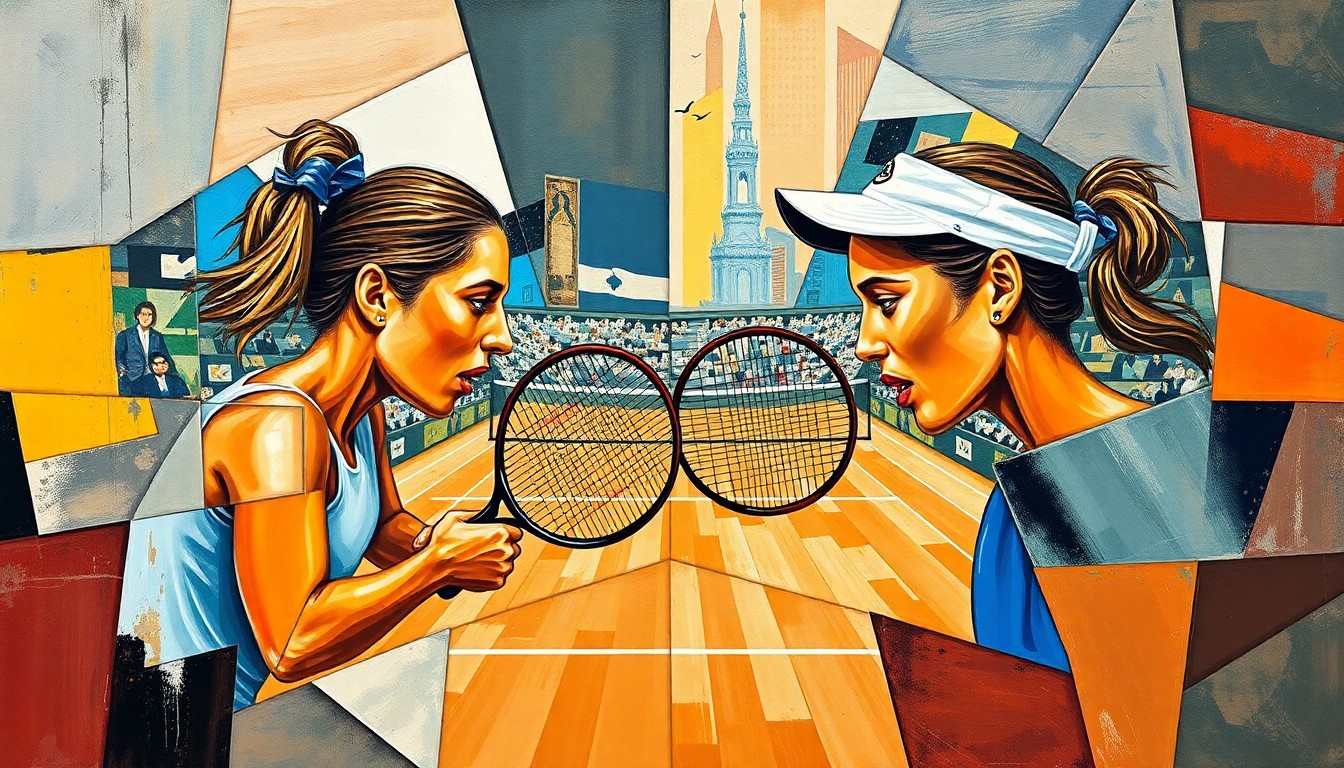 A cubist-style painting depicting a tennis match, with the players and court broken down into sharp, overlapping geometric shapes and planes in a vibrant color palette, capturing the dynamic energy of the competition.