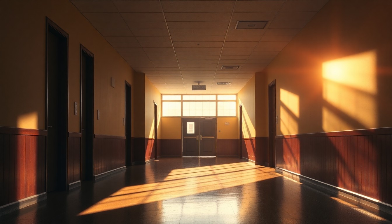 A serene, cinematic painting of an empty school hallway in Anchorage, with warm sunlight streaming through the windows and deep shadows casting a contemplative mood, representing the importance of education and the need to support teachers and students.