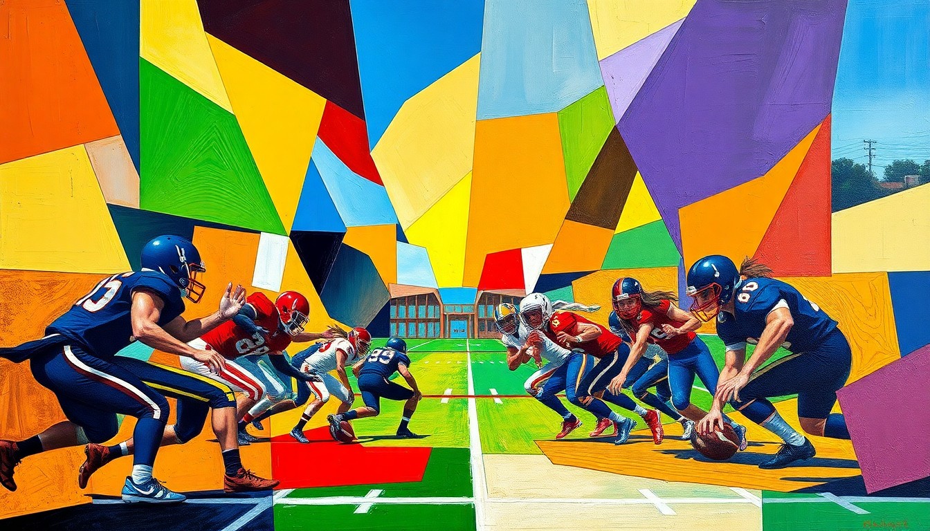 A cubist, geometric painting depicting a fragmented high school football game, with overlapping shapes and planes in the teams' official colors, conveying the energy and intensity of the competition.
