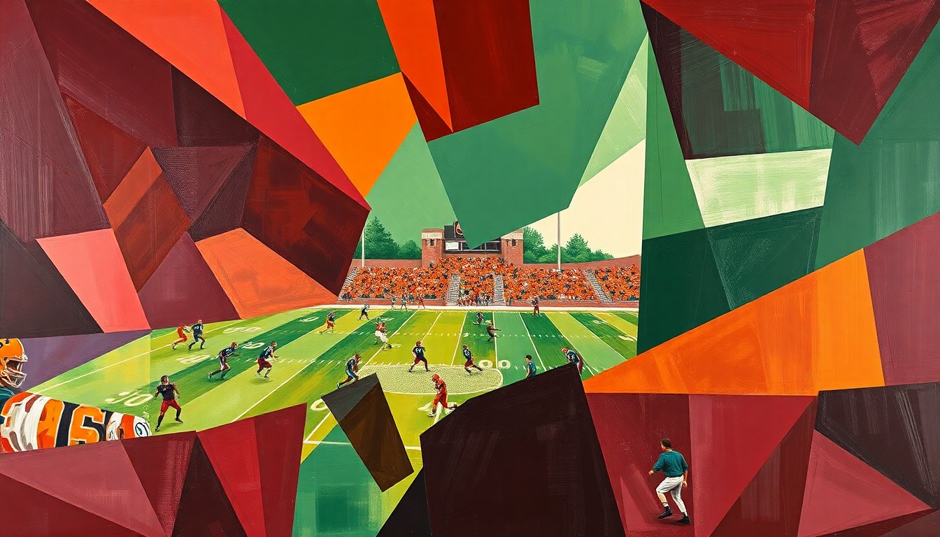 A fragmented, geometric painting depicting the chaotic movements and perspectives of a high school football game, rendered in a cubist style using rich, earthy tones.