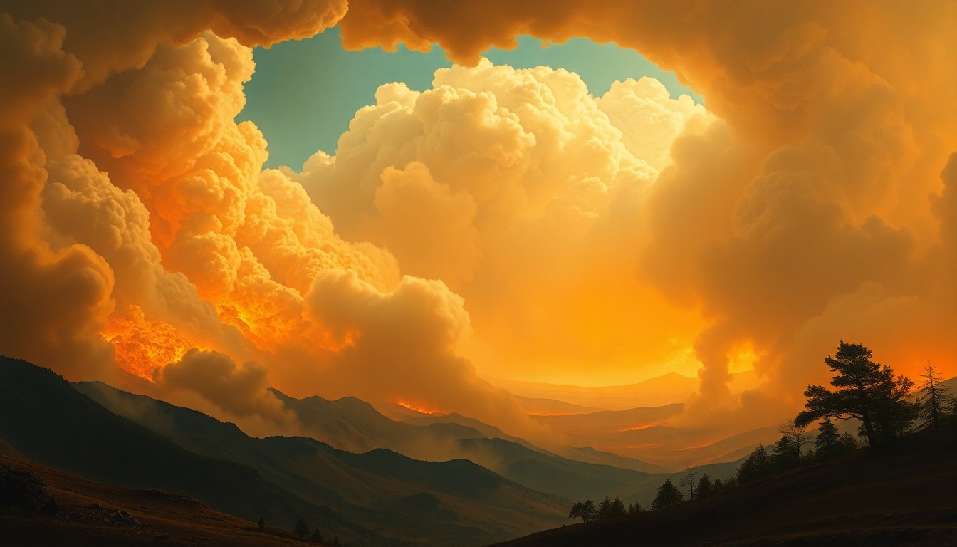 A sweeping, atmospheric landscape painting in muted tones of orange, gray, and black, depicting a distant wildfire consuming the horizon, with the flames and smoke dwarfing any visible structures or human presence.