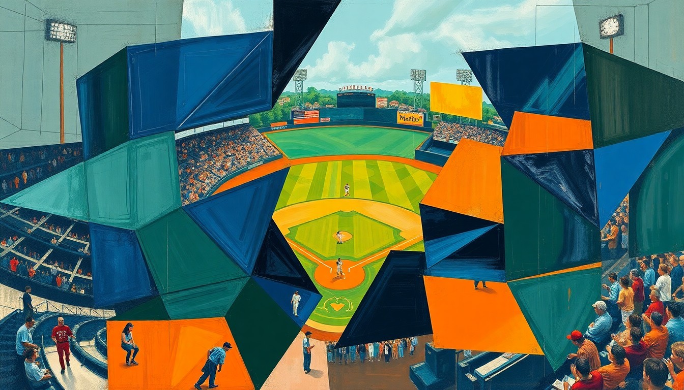 A cubist, geometric painting depicting a fragmented baseball game, with sharp planes of navy, green, and orange colors representing the sport's action and energy.