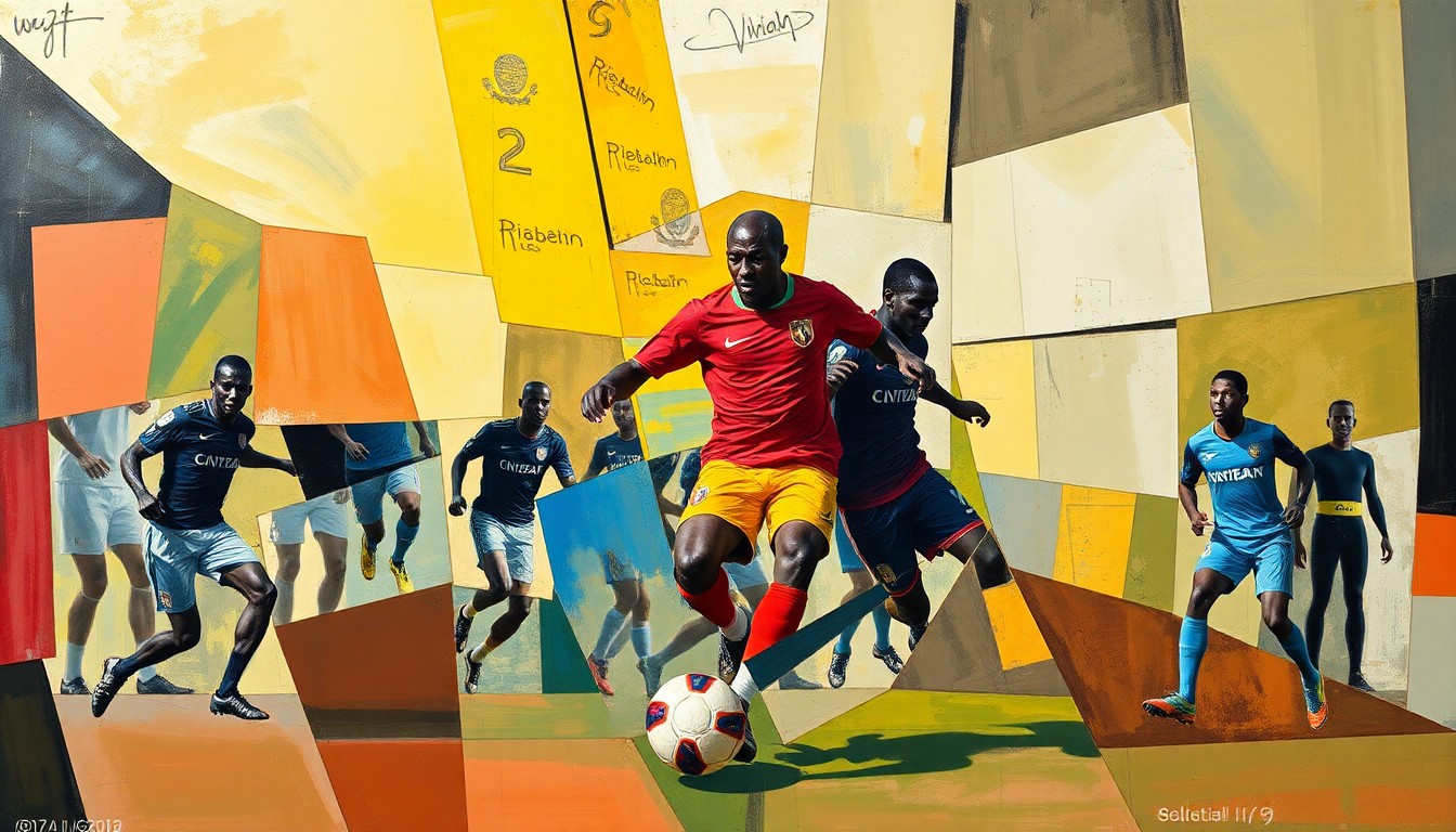 A cubist, geometric painting depicting a soccer player in motion, with the figure broken down into overlapping planes of color and shape.