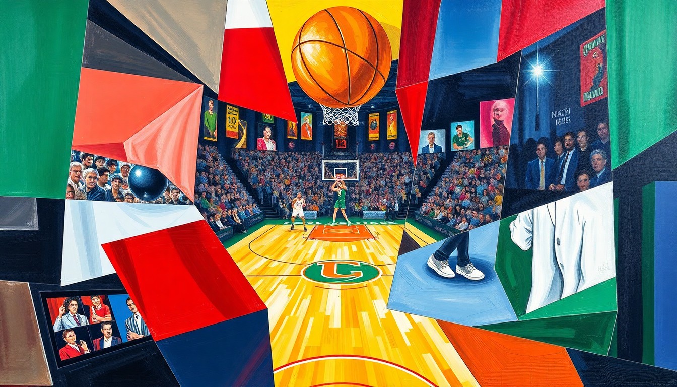 A fractured, cubist-style painting depicting the action of a college basketball game, with the players and court broken down into sharp, overlapping geometric shapes and planes in the competing teams' vibrant colors.
