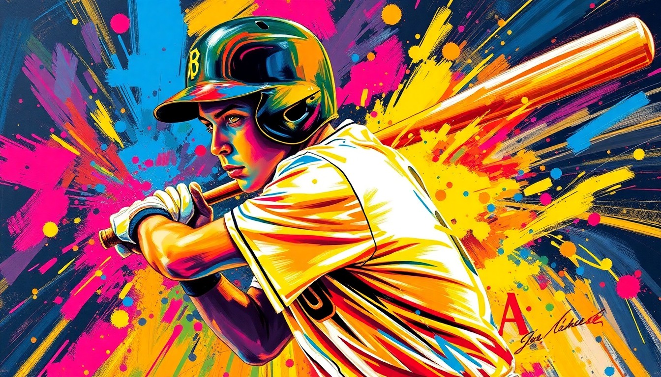 An abstract, expressionist painting in vibrant neon colors depicting the explosive motion and energy of a high school baseball player batting, with the player's features and uniform details obscured by the dynamic brushstrokes.