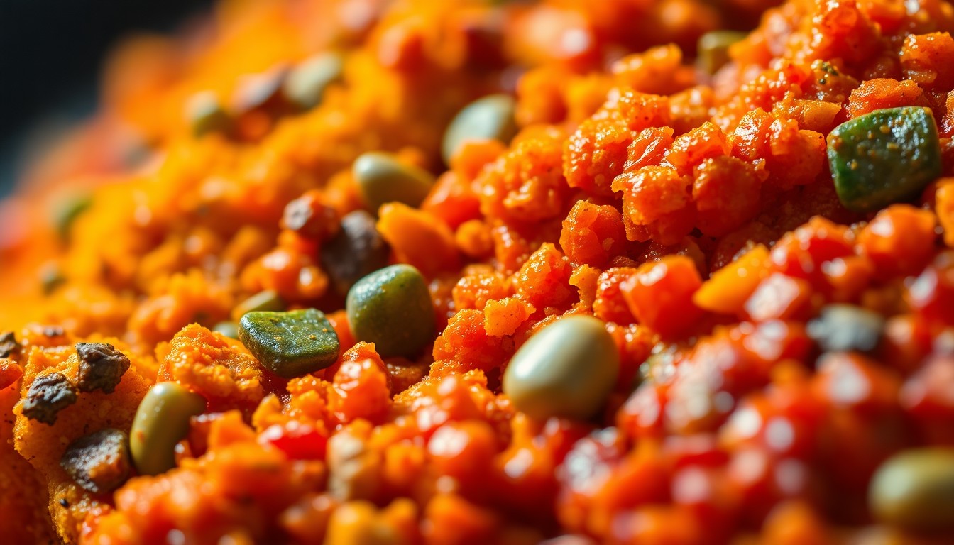 An extreme close-up photograph of various food textures, including shimmering sauces, fresh herbs, and vibrant spices, captured in dramatic studio lighting to create a glamorous, high-fashion aesthetic.
