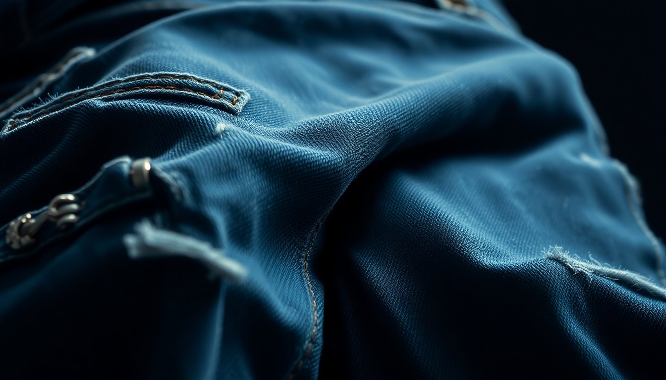 An abstract close-up photograph of the textured surface of a pair of worn, faded blue jeans, captured in dramatic studio lighting to create a high-fashion, glamorous aesthetic.