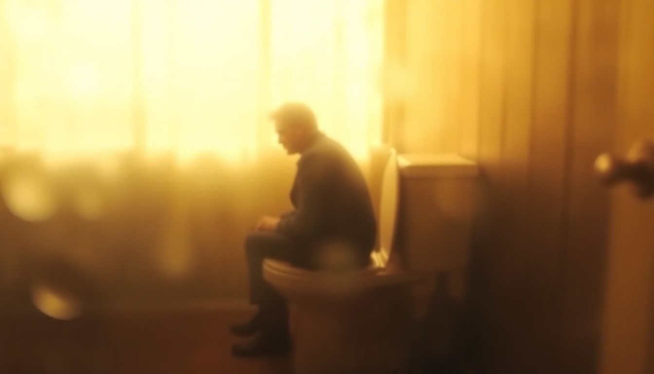 An extremely abstracted, out-of-focus photograph in warm, golden tones depicting the blurred silhouette of a person sitting on an old-fashioned porcelain toilet, surrounded by soft, hazy light, conceptually representing the unusual and embarrassing deaths of historical figures.