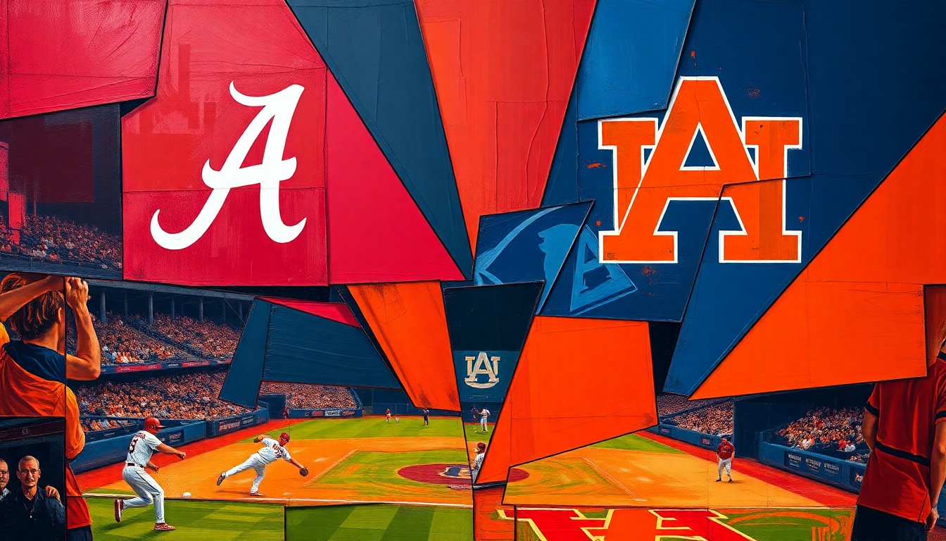 A cubist, geometric painting depicting the intense action of a baseball game between Alabama and Auburn, with sharp planes of crimson, navy, and orange intersecting to create a dynamic, fragmented visual representation of the rivalry.