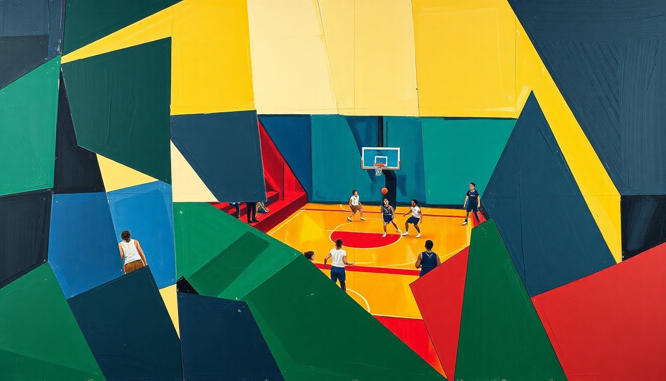 A cubist, geometric painting depicting the dynamic motion and energy of a girls' basketball game, with overlapping planes of navy, green, and red creating a sense of fractured movement and competition.