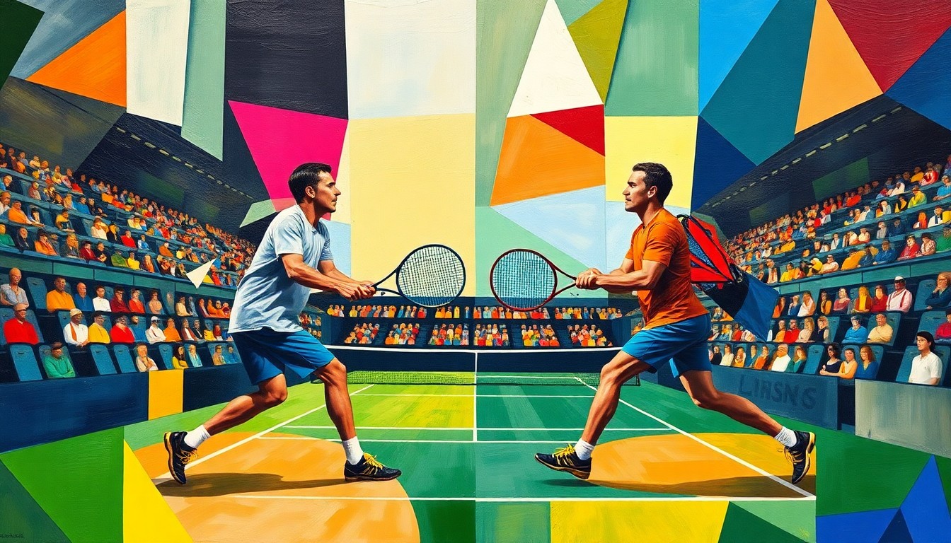 A fragmented, multi-angled painting depicting a tennis match in an abstract, cubist style, with the players' forms broken down into sharp, overlapping geometric shapes in a dynamic composition.