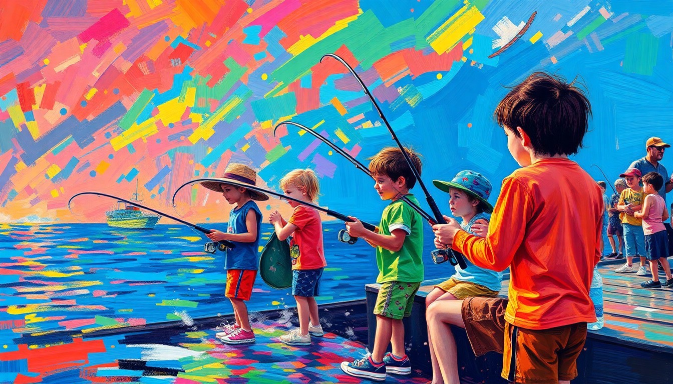 An abstract, energetic painting in vibrant neon colors, depicting the dynamic motion and joy of children fishing at a lakeside event.