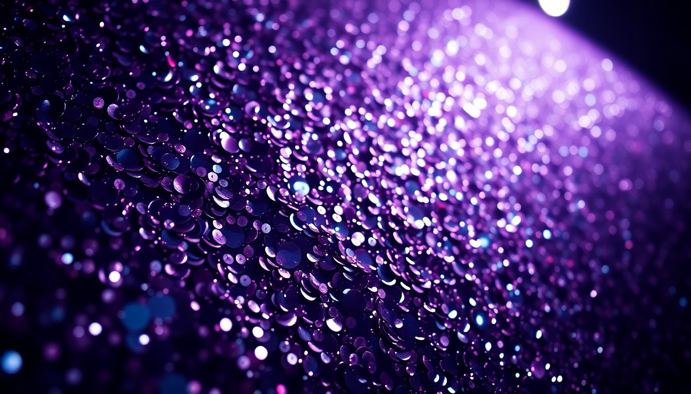 An extreme close-up photograph of shimmering, reflective sequins illuminated by dramatic studio lighting, capturing the high-fashion, luxurious aesthetic of a Las Vegas performance stage.