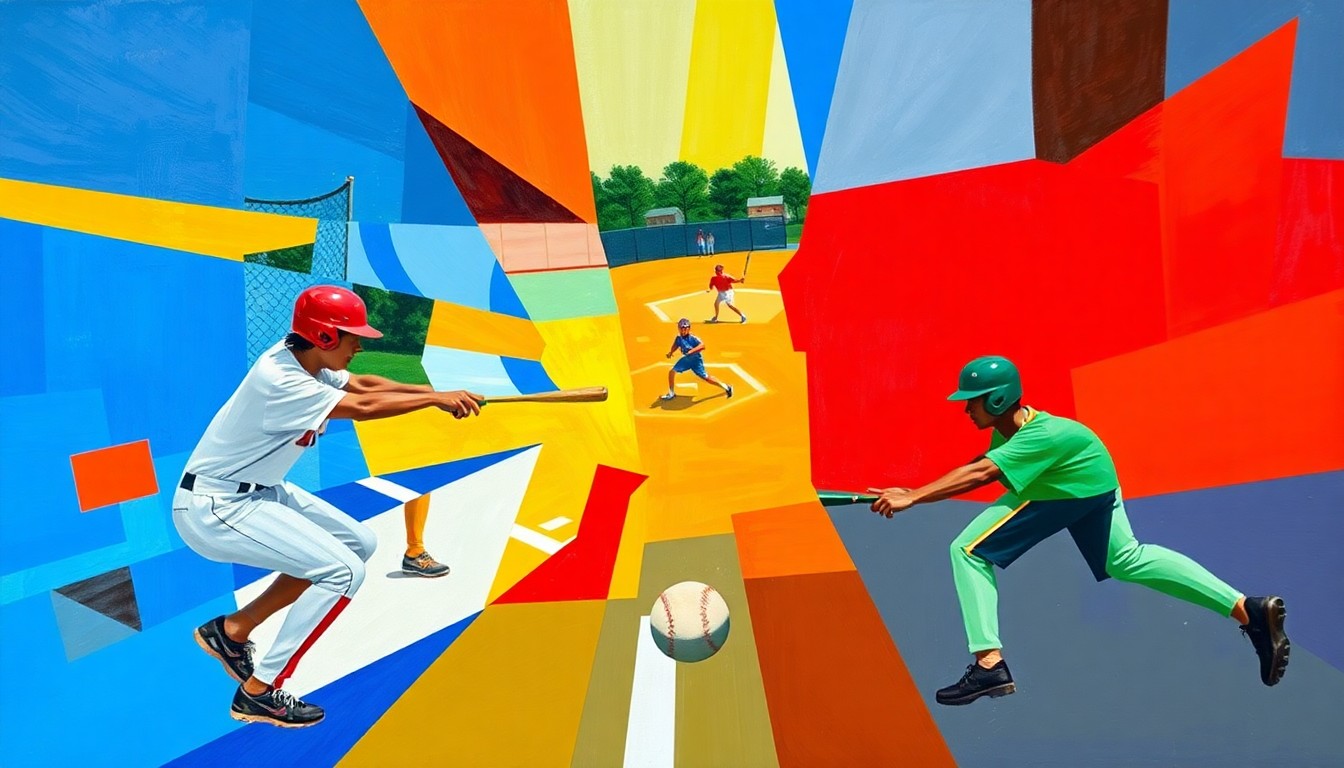 A cubist, geometric painting depicting the dynamic action of a high school softball game, with the players and ball broken down into overlapping planes of bright, primary colors.