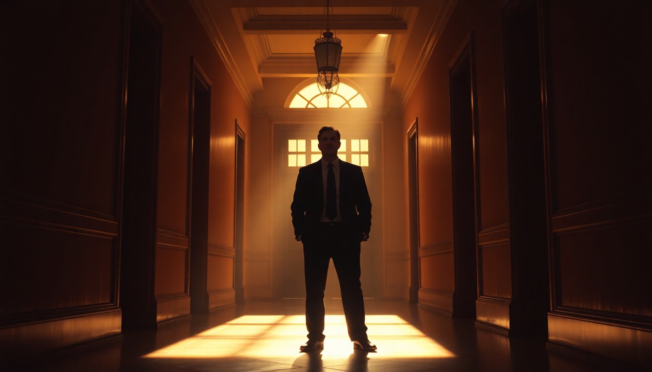 A cinematic painting of a lone figure standing in a dimly lit government hallway, the subject's face obscured in shadow while warm sunlight streams in from a window, creating a sense of quiet contemplation and unease around the political situation.