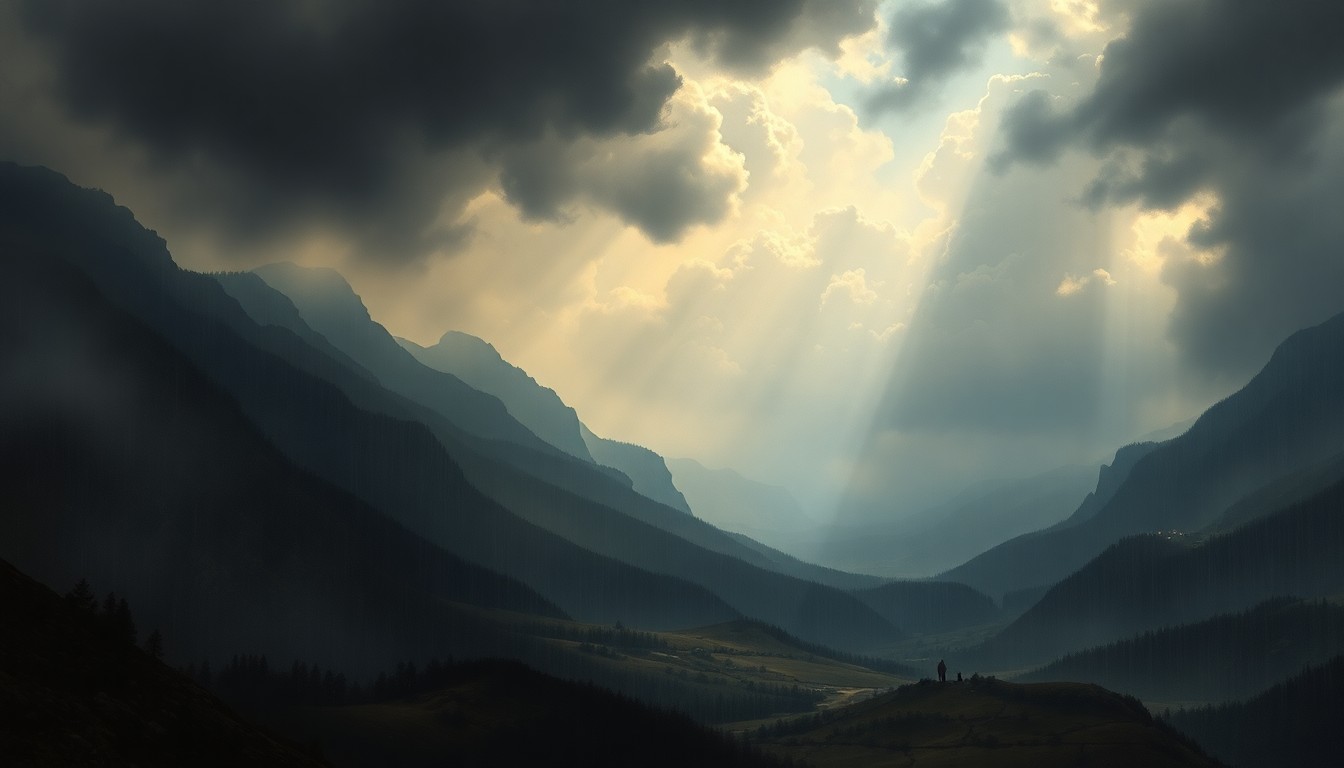 A sweeping, atmospheric landscape painting in muted tones of gray, blue, and green, depicting the vast, sublime scale of the natural world as light rain falls across the scene, dwarfing any physical structures or objects.