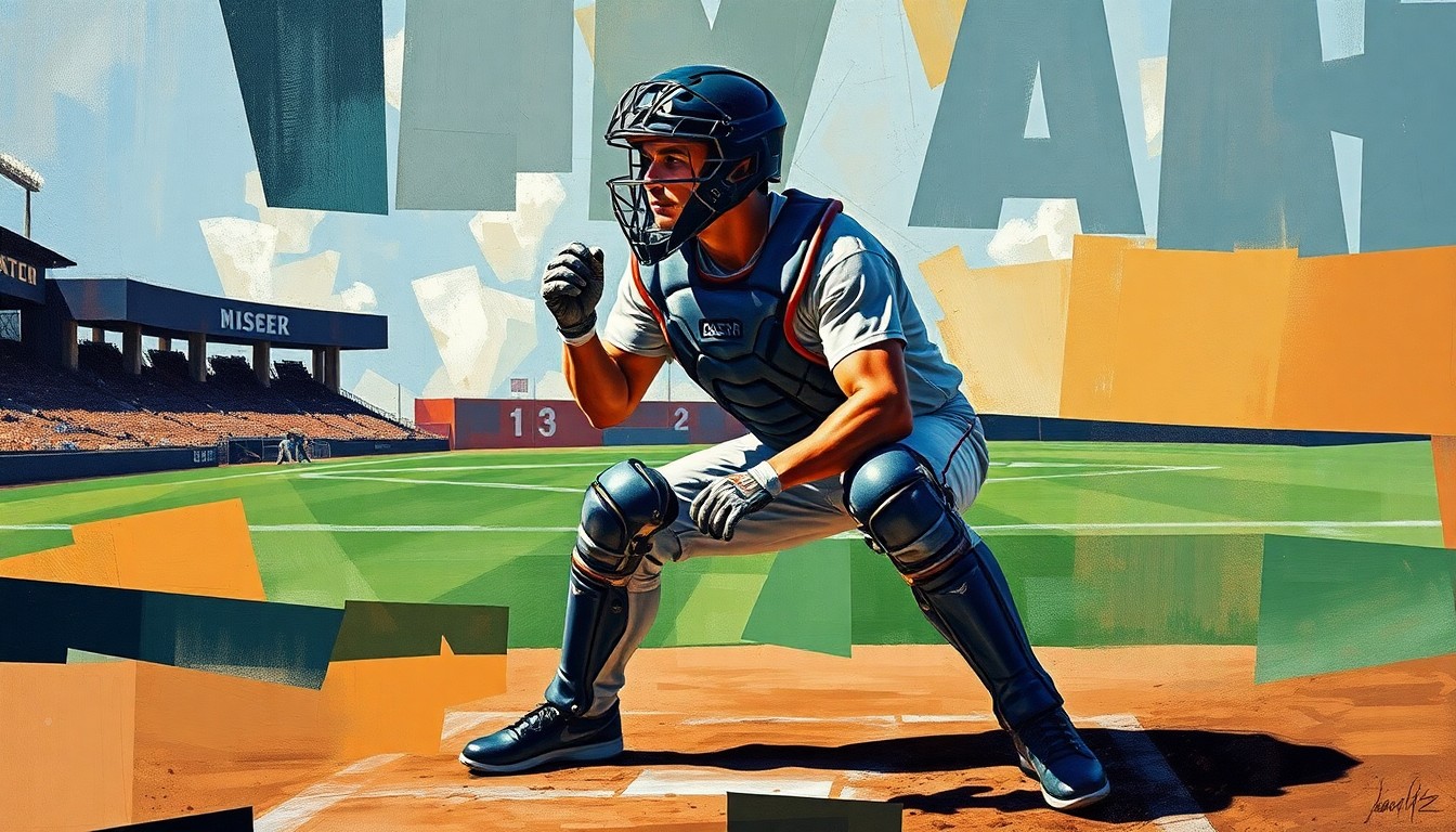A cubist, geometric painting depicting a baseball catcher in a crouched stance, with their equipment and the field in the background broken down into abstracted, overlapping shapes and planes, conceptually representing the strategic adjustments required by players and teams to the new automated ball-strike technology.