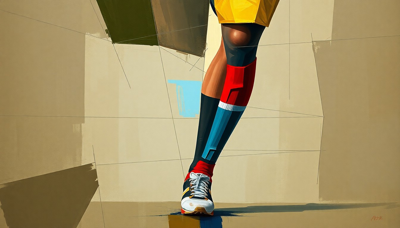 A fragmented, geometric painting depicting the lower body of a football player, with the injured leg broken down into sharp, overlapping planes of muted earth tones and flashes of bright color, conveying the complexity and difficulty of Kittle's rehabilitation process.