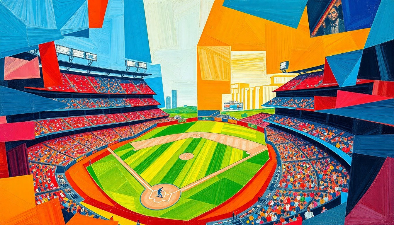 A fragmented, multi-perspective painting in the style of Pablo Picasso, using sharp, overlapping geometric planes in vibrant colors like deep blue, bright orange, and rich red to conceptually represent the dynamic energy of a baseball game.