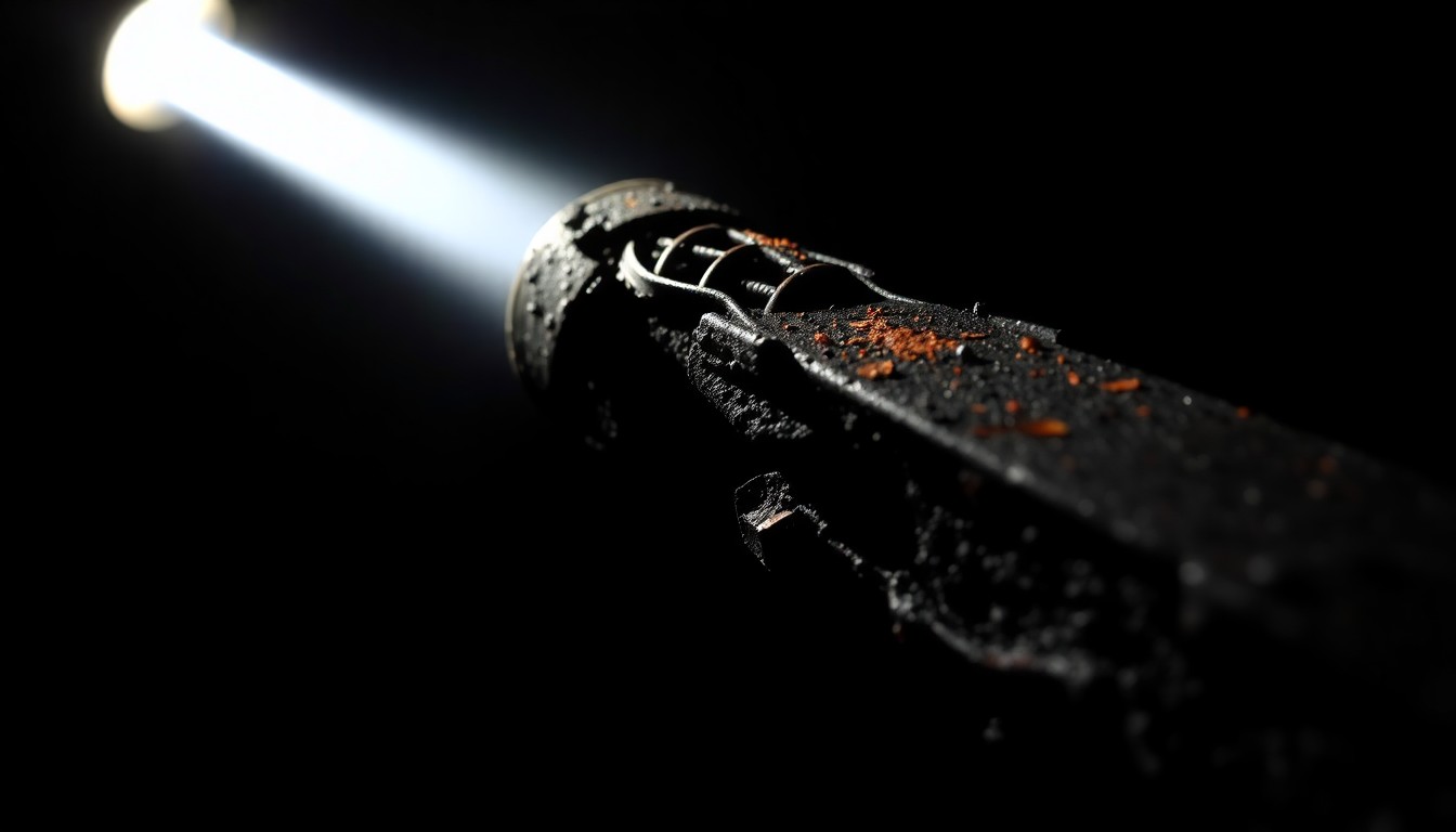 An extreme close-up photograph of a charred, twisted metal object from the fire scene, lit by a harsh, direct camera flash against a pitch-black background, conveying the stark, gritty aftermath of the tragic incident.