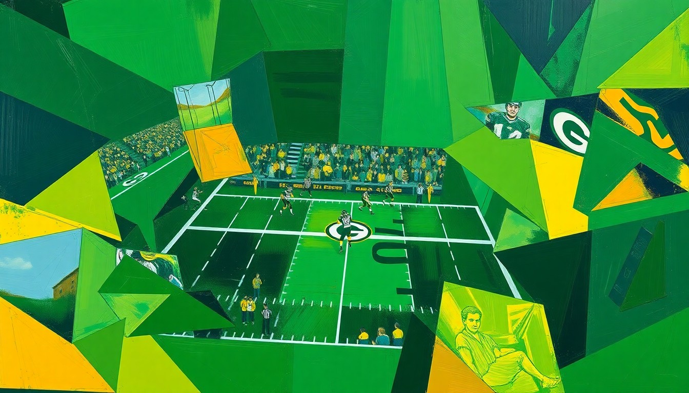 A fractured, geometric painting in shades of green, gold, and navy blue, breaking down a football game into sharp, overlapping planes to conceptually represent the Packers' efforts to overcome their recent playoff disappointments.