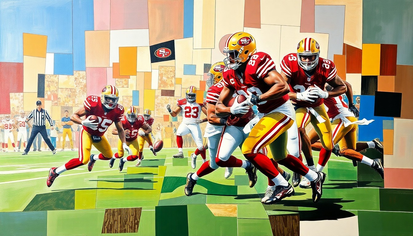 A cubist, geometric painting depicting a football player in motion, with the player's form broken down into sharp, overlapping planes of red and gold, the colors of the San Francisco 49ers.