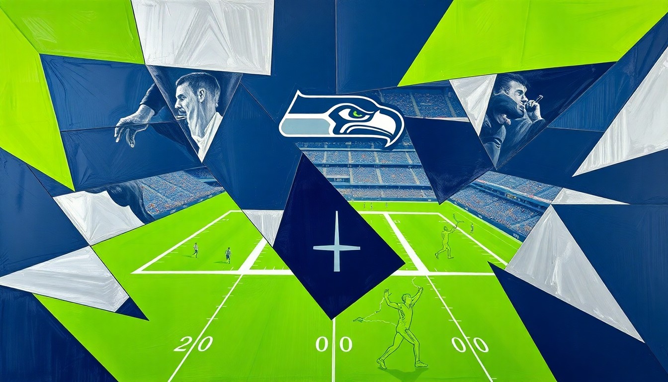 A cubist, geometric painting depicting a Seattle Seahawks football game, with the players and field broken down into sharp, overlapping planes of navy blue, lime green, and silver.