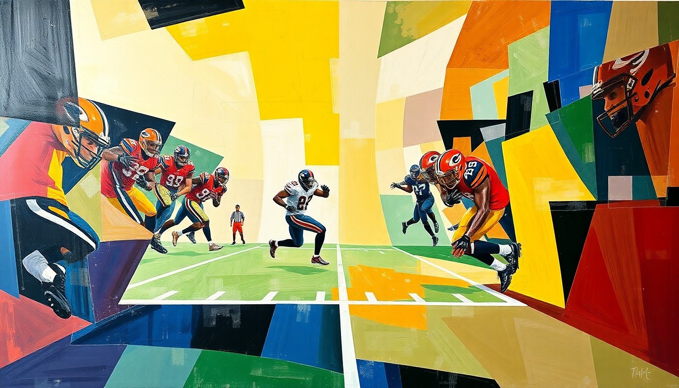 A fragmented, cubist-style painting depicting the dynamic movements and angles of a football player carrying the ball, with the figure and field broken down into sharp, overlapping geometric shapes and planes.