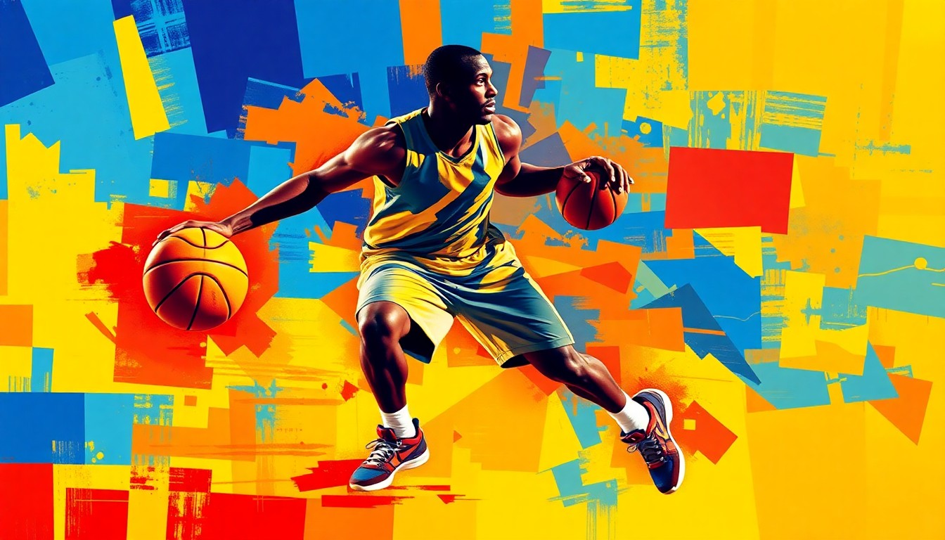 A dynamic, abstract painting of a basketball player's form repeated and fragmented in overlapping geometric shapes, conveying the motion and energy of the sport amidst a contentious political debate.