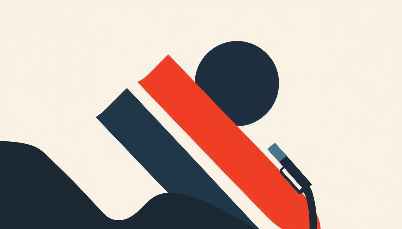 A minimalist abstract illustration using bold geometric shapes and lines in dark greys, blues, and reds to conceptually represent the rising cost of gasoline and the geopolitical tensions driving it.