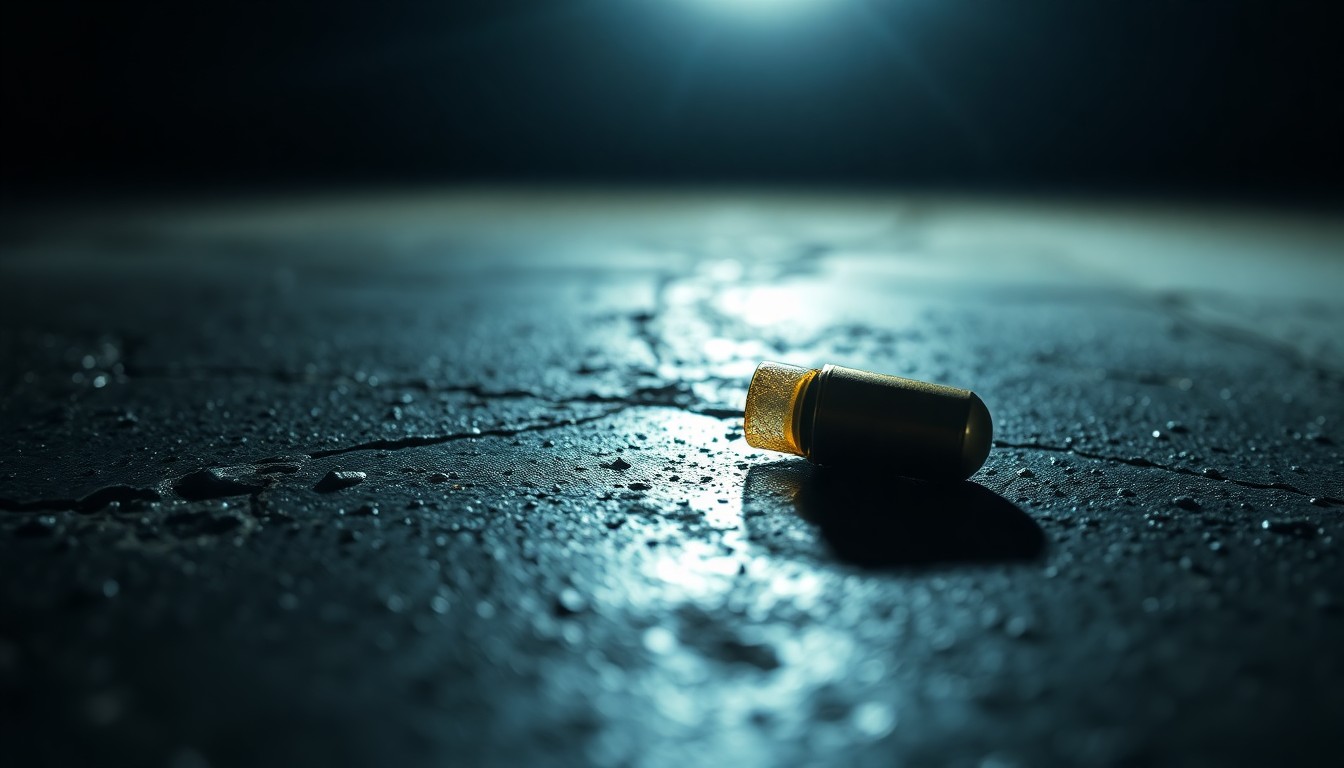 An extreme close-up photograph of a spent bullet casing on a dark concrete surface, conceptually illustrating the aftermath of a shooting incident.