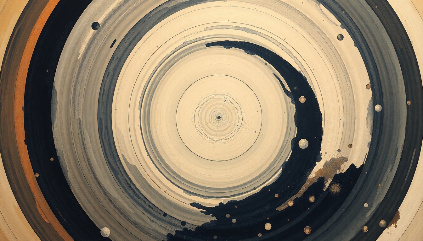 A highly abstract, geometric painting in soft earth tones, featuring sweeping arcs, concentric circles, and precise spirals, representing the intricate systems and forces involved in NASA's return to the moon under the Artemis program.