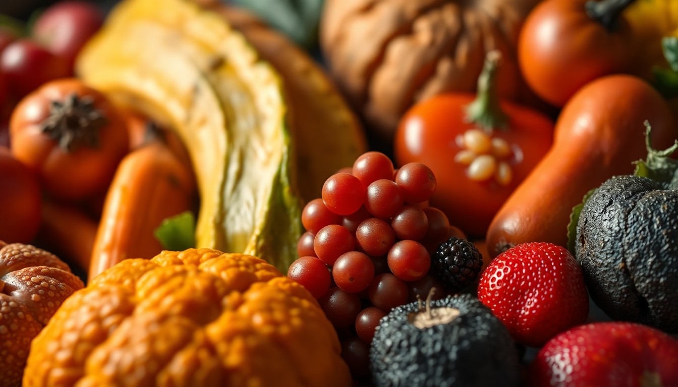 An extreme close-up of a variety of organic produce and specialty food items, including fresh herbs, colorful vegetables, and artisanal baked goods, captured in dramatic studio lighting to create a luxurious, high-fashion aesthetic.
