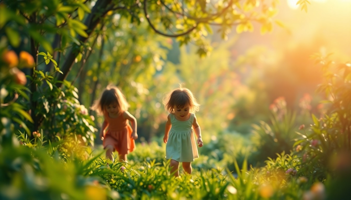 An abstract, impressionistic photograph of children's silhouettes playing in a vibrant, blurred garden setting, conveying a sense of wonder and enchantment.