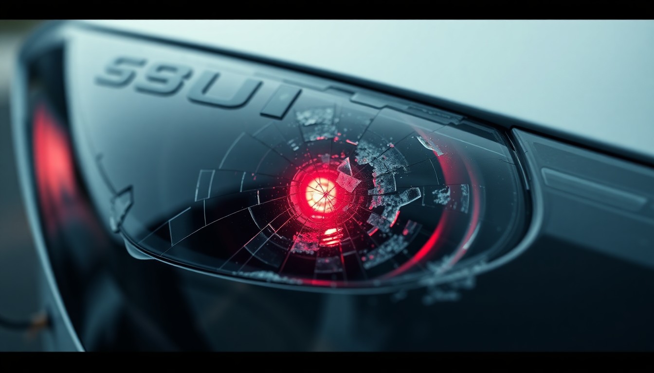 An extreme close-up photograph of a shattered car sensor lens reflecting a faint red light, conceptually illustrating the vandalism and harassment targeting self-driving technology.