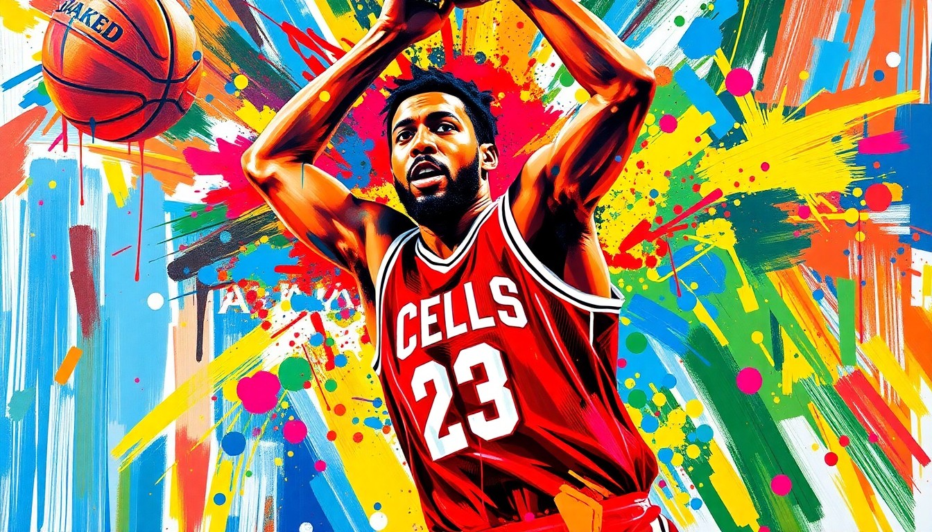 An abstract, expressionist painting featuring vibrant neon brushstrokes and splatters of paint, capturing the raw energy and athleticism of an NBA basketball game without any identifiable players or teams.