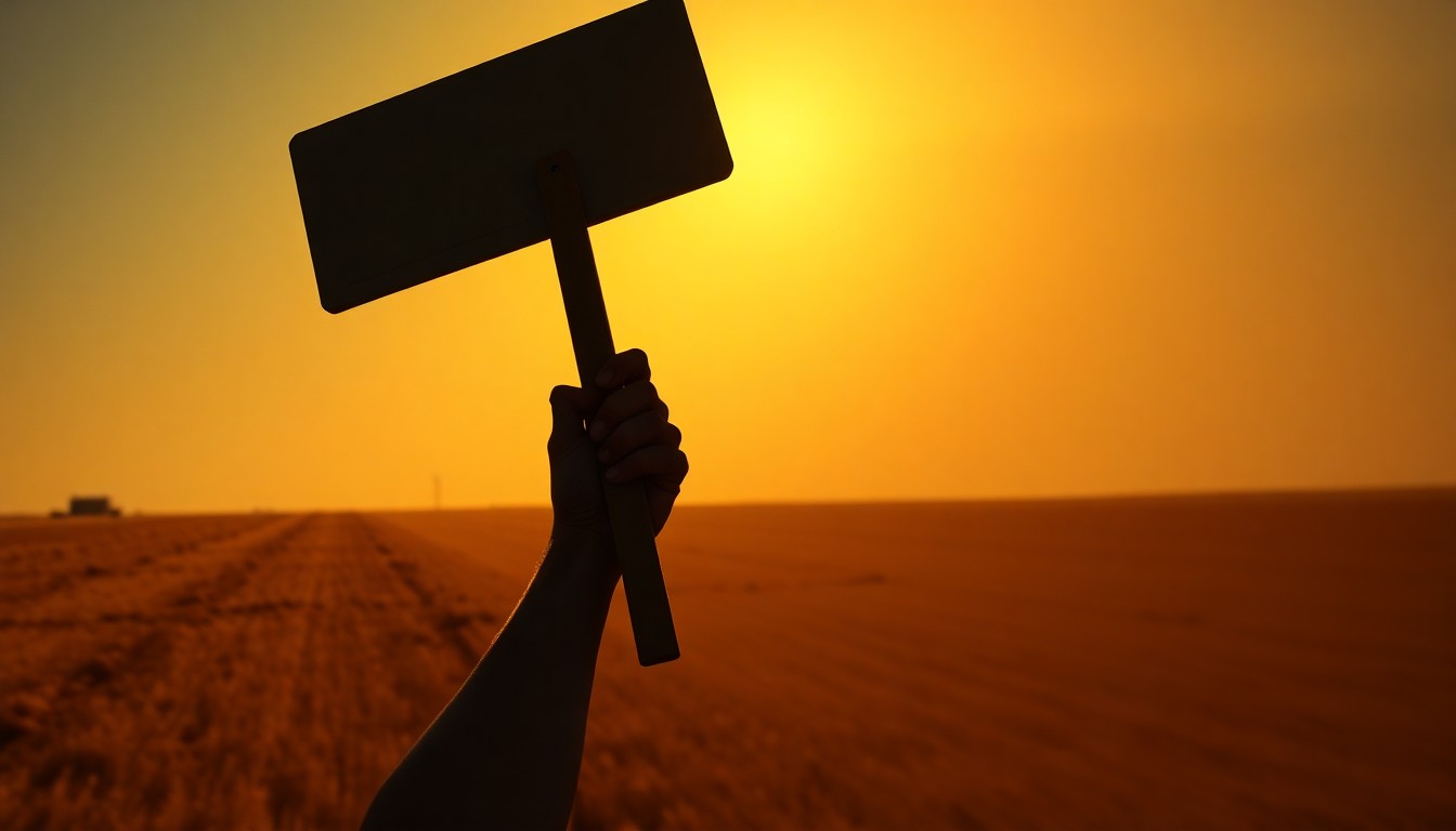 A close-up painting of a farmworker's calloused hand holding a picket sign, bathed in warm, golden light and deep shadows, conveying the conflicted emotions and sense of duty surrounding efforts to commemorate César Chávez's legacy.