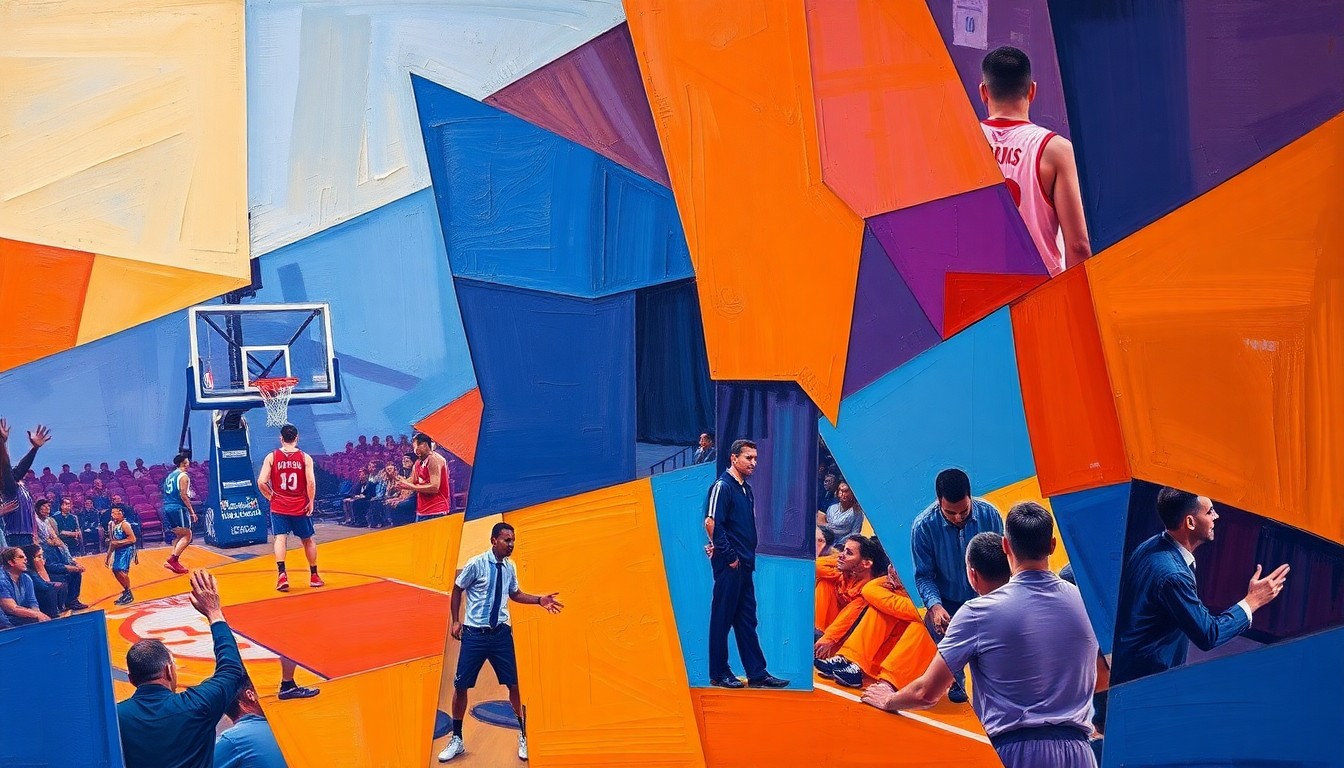 A cubist, geometric painting depicting a fragmented basketball court scene, with overlapping shapes and planes in shades of orange, blue, and purple, conceptually representing the twists and turns of the Syracuse coaching saga.