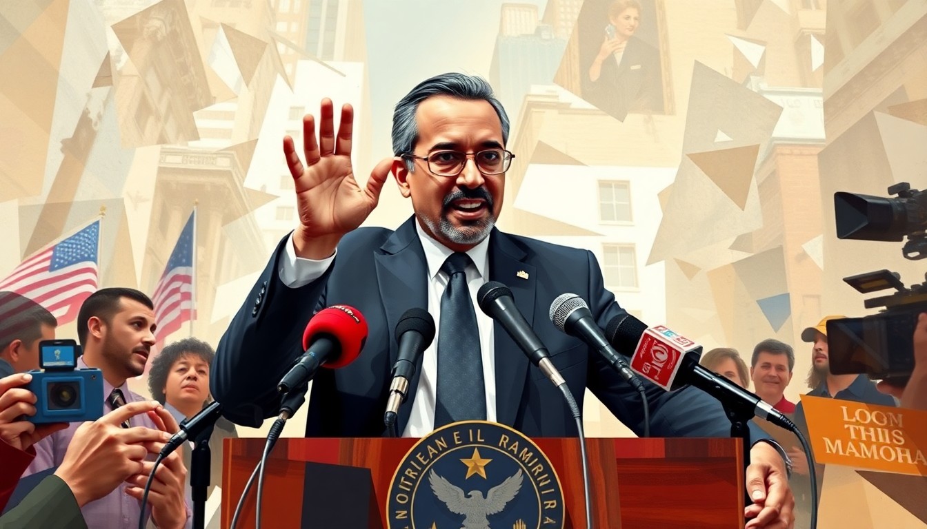 A dynamic, fractured painting of a figure in motion at a podium, surrounded by microphones and cameras, conveying the energy and confrontation of modern politics.