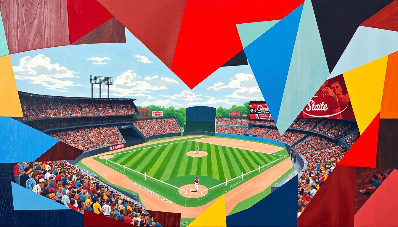 A fragmented, geometric painting in the style of Picasso, using the team colors of Ole Miss and Mississippi State to depict the action and energy of a college baseball game between the two rivals.