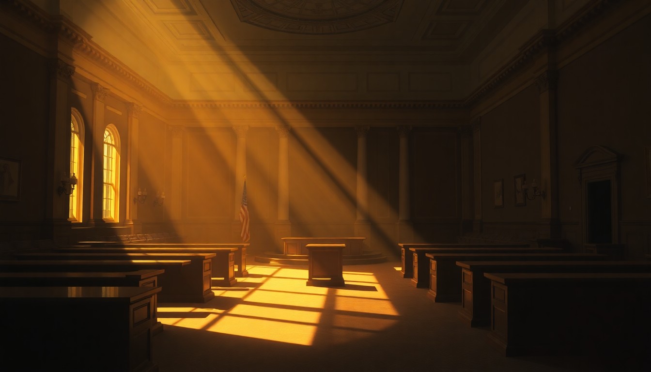 A dimly lit, cinematic painting of an empty government office or legislative chamber, with warm light streaming in through a window and deep shadows cast across the room, conveying a sense of political tension and division.