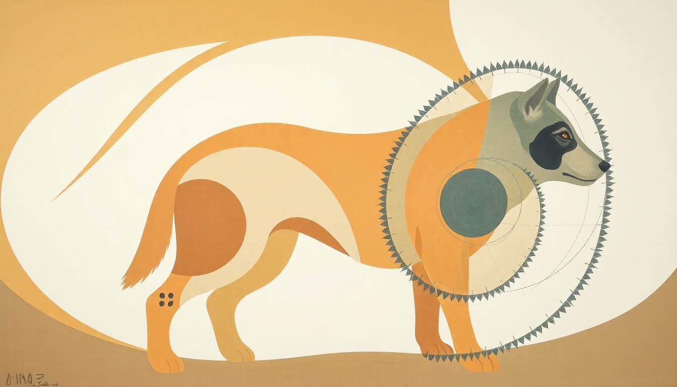 A highly textured, abstract painting in earthy tones of ochre, sage, and indigo, featuring sweeping geometric arcs, concentric circular motifs, and precise botanical spirals, conceptually representing the intricate genetic forces and natural processes behind the domestication of dogs from wolves.