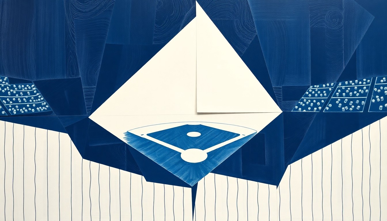 A cubist, geometric painting depicting a fractured, multi-angle view of a Yankees baseball game, with sharp planes of navy, gray, and white representing the players and field.