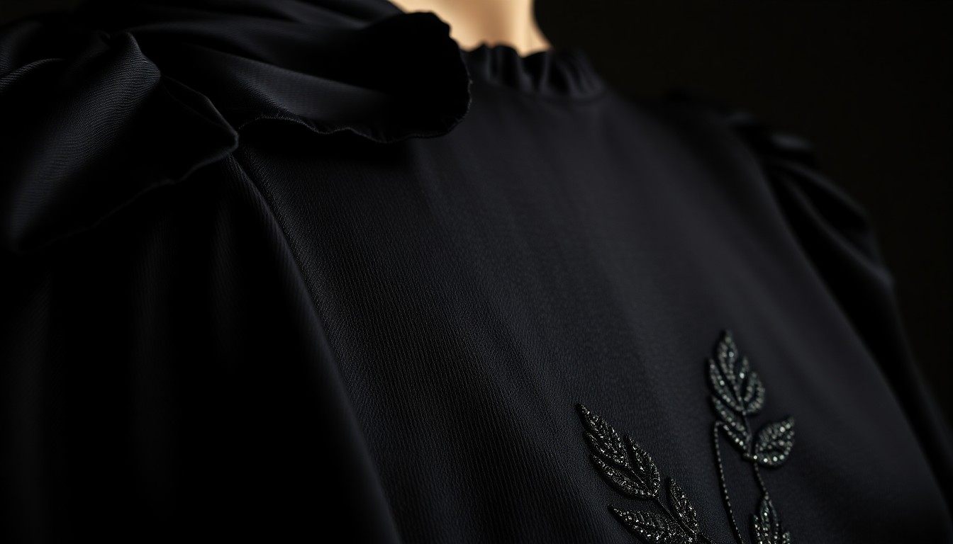 An extreme close-up photograph of the intricate textural details of a vintage black satin dress, including the sculpted collar, structured sleeve trim, and embroidered leaf pattern, captured in dramatic, high-contrast studio lighting to create a glitzy, high-fashion aesthetic.