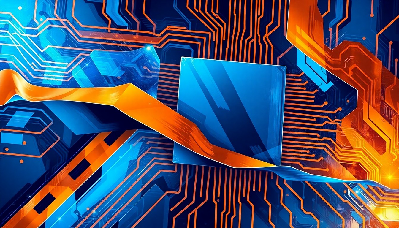 A vibrant, fractured painting of a computer chip or circuit board in overlapping geometric shapes and waves of bright, contrasting colors, conceptually representing the high-stakes political fight over AI regulation and development.