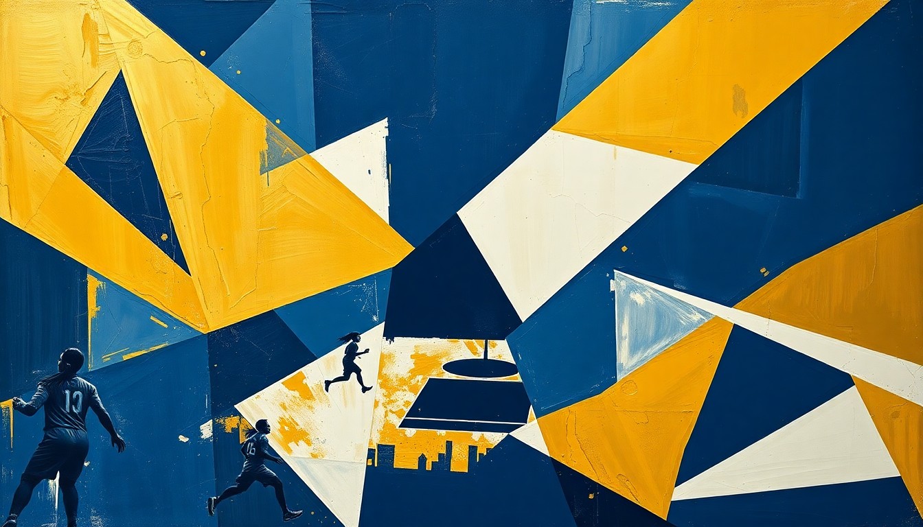A cubist-inspired painting depicting a women's basketball player in motion, with her figure broken down into overlapping geometric shapes in shades of navy, gold, and white, conveying the energy and movement of the game.
