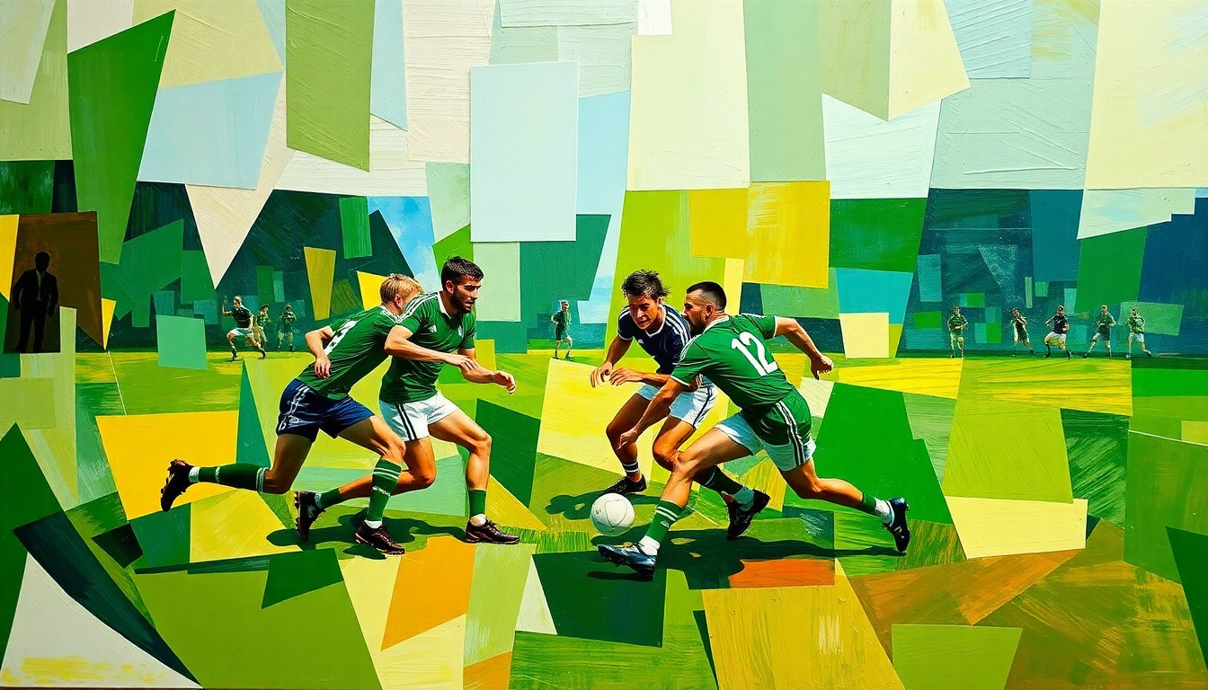 A fractured, multi-perspective painting in bold, overlapping geometric shapes and planes of green, gold, and blue, conceptually representing the dynamic action of a Gaelic football match.