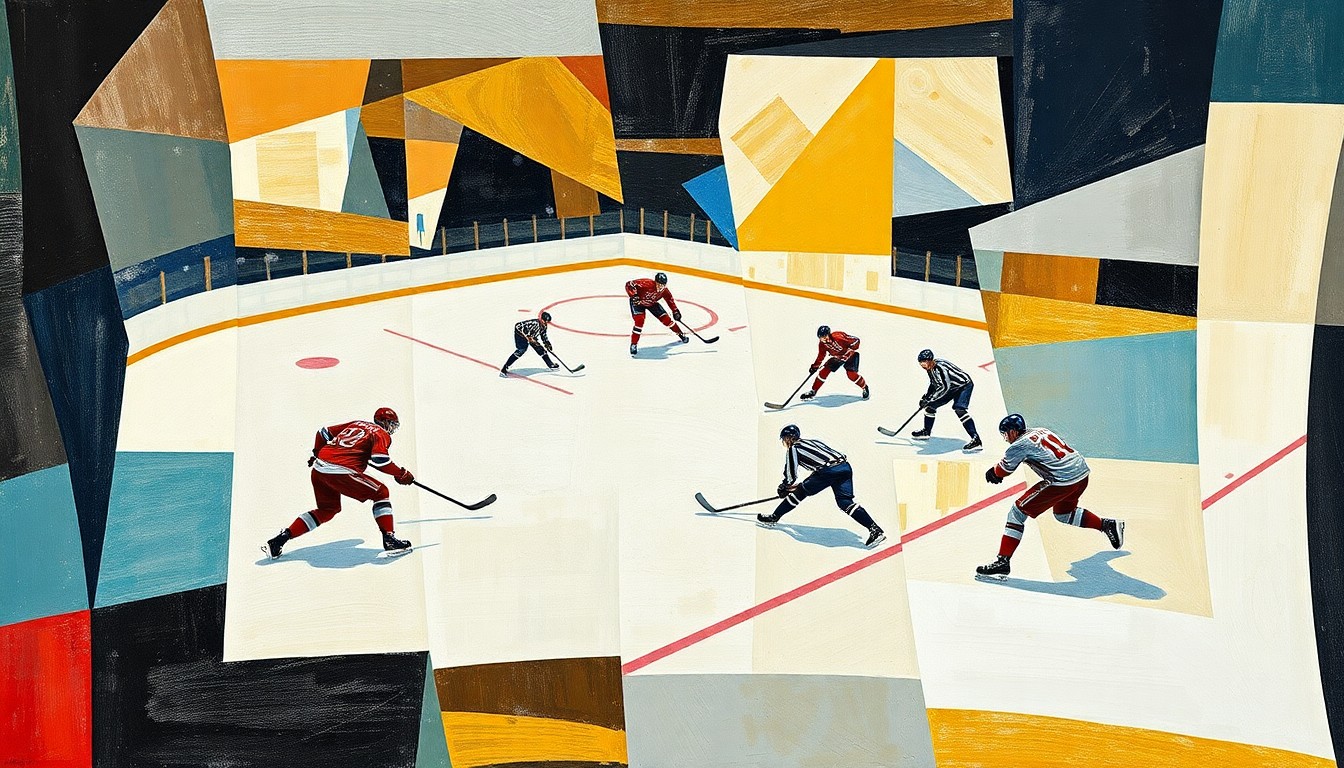A cubist, geometric painting depicting the action of a hockey game, with players and the puck represented through fragmented, overlapping shapes and planes of color.